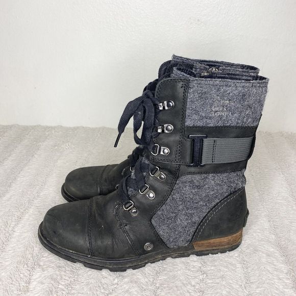 Sorel Shoes - Sorel Major Carly Black Gray Lace Up Combat Moto Boots Zip Up Inside Women’s 8.5
